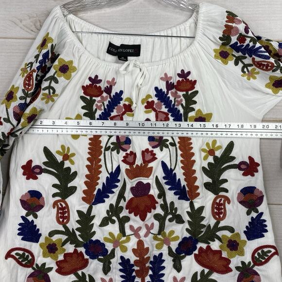 Colleen Lopez Top XS White Heavily Embroidered On/Off Shoulder Keyhole Long Slv - Picture 8 of 10